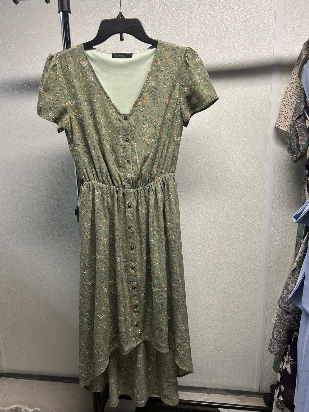 Mikarose Olive Green Floral High-Low Button Front Dress